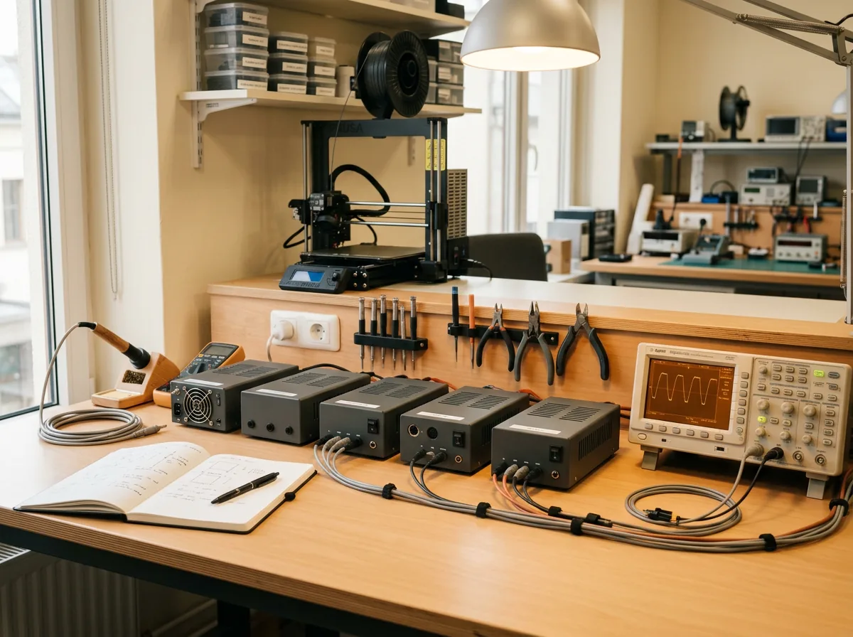 Testbank met 3D-printer en afgemonteerde apparaten